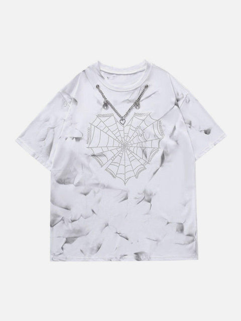 Tie Dye Spider Web Drill Chain Graphic Tee - Anagoc