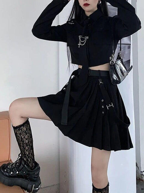 Dark Gothic Exposed Waist Skirt Suit - Anagoc