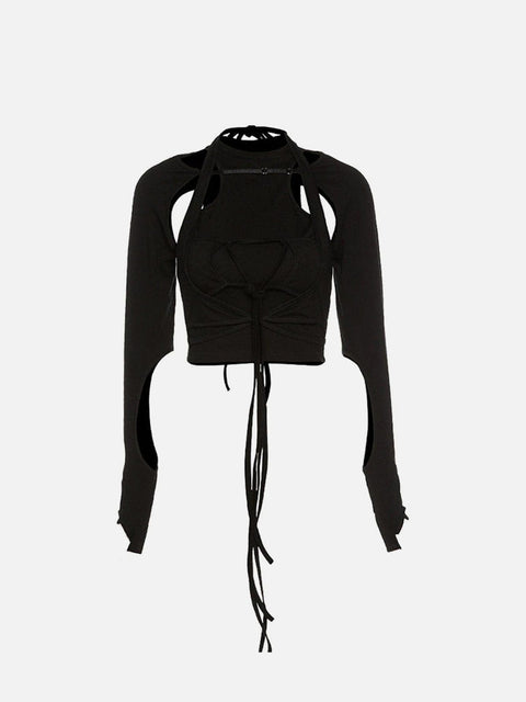 Straps Hollowout Two Piece Long Sleeve Shirt - Anagoc