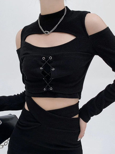 Hollow Out Bandage Long Sleeve T Shirt - Anagoc