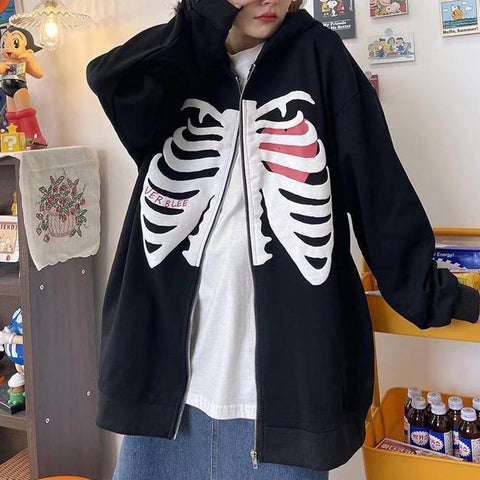 Heart Skull Pattern Zipper Hoodie - Anagoc