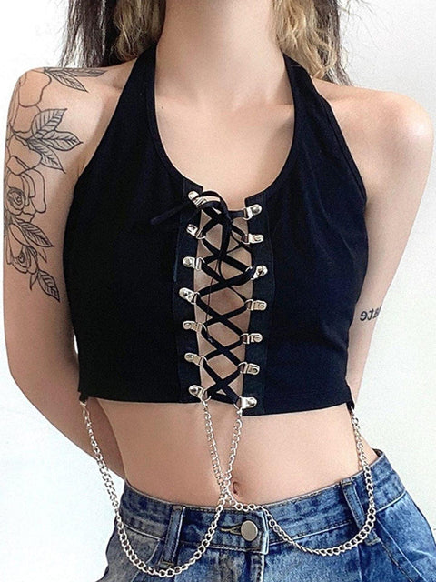 Dark Cross Strap Hollow Chain Halter Sexy Vest - Anagoc