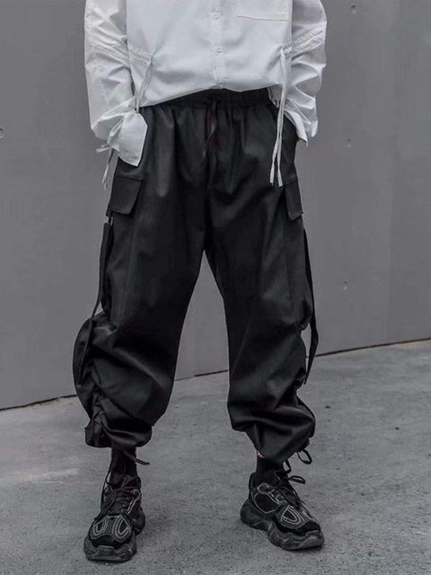 "Pure Black Ribbon" Cargo Pants - Anagoc