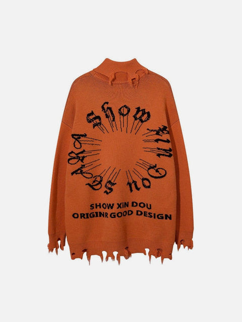 Ripped Tassel Turtleneck Knitted Sweater - Anagoc