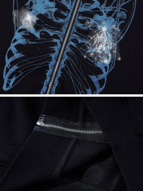 Dark Resurrected Skeleton Fleece Zip Up Hoodie - Anagoc