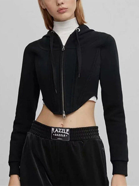 Irregular Slim Zip Up Cropped Hoodie - Anagoc
