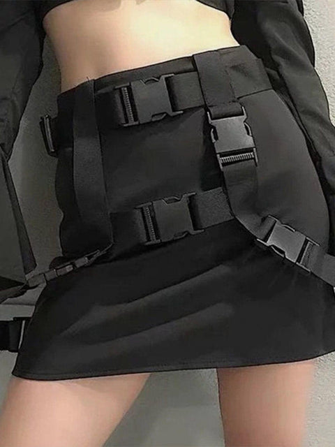 Techwear High Waist Ribbons Buckle Skirt - Anagoc