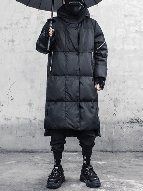 Function Dark Fake Zipper Long Winter Coat - Anagoc