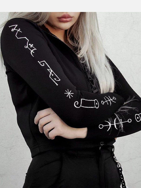 Dark Personality Side Graffiti Cropped Long Sleeve T Shirt - Anagoc