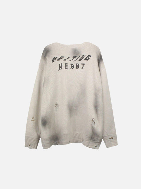 Dark Tie-dye Ripped Five-pointed Star Love Knitted Sweater - Anagoc