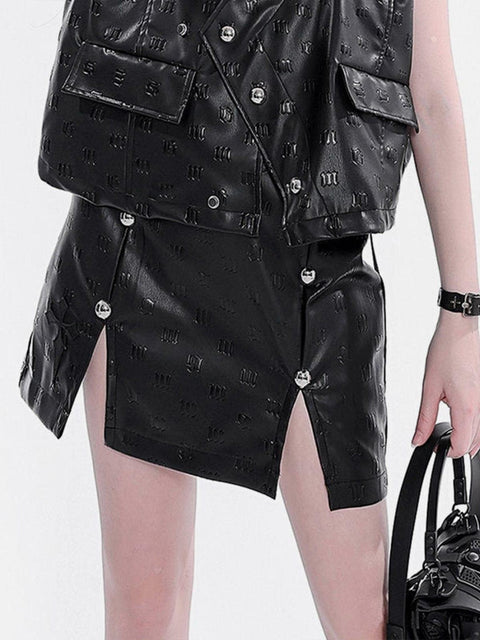 Punk Sanskrit Embossed Slit PU Skirt - Anagoc