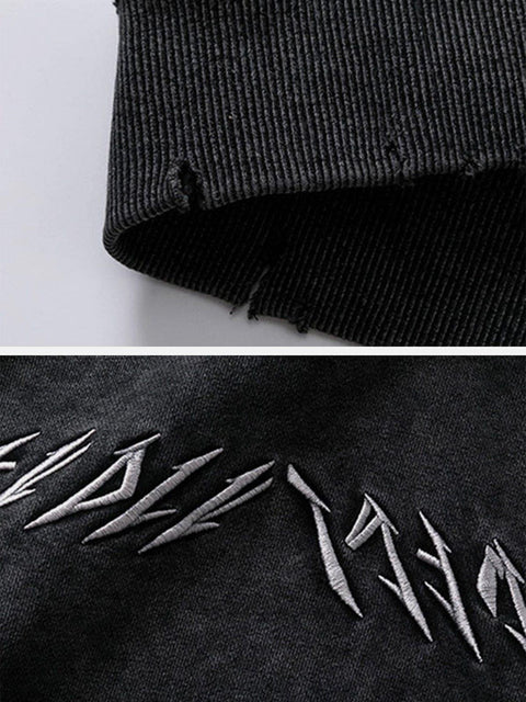 Ripped Hole Letters Embroidery Washed Hoodie - Anagoc