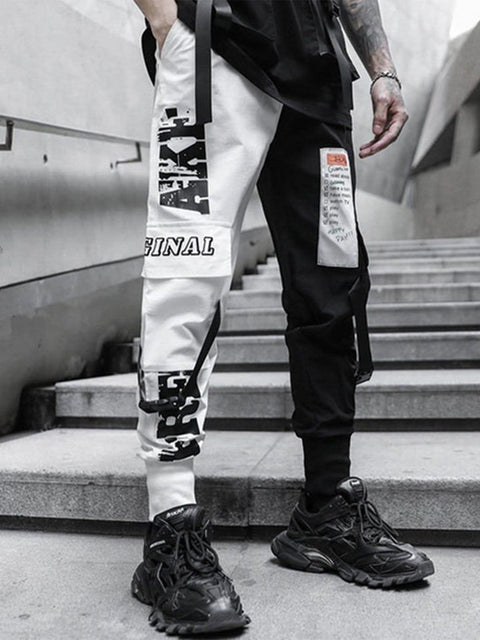 Contrast Stitching Ribbon Cargo Pants - Anagoc