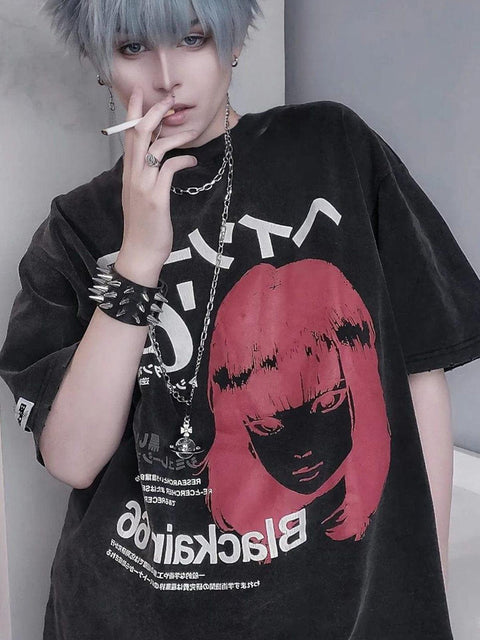 Japanese Cartoon Girl Washed Graphic Tee - Anagoc