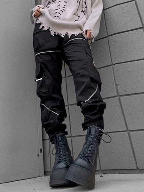 Asymmetric Zipper Reflective Strip Cargo Pants - Anagoc
