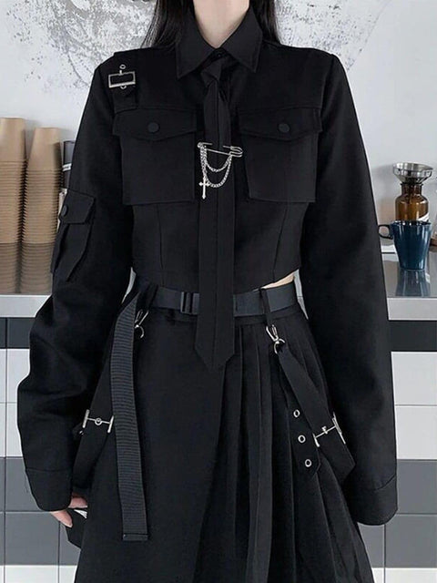 Dark Gothic Exposed Waist Skirt Suit - Anagoc