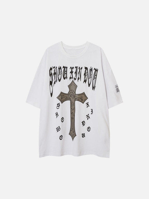Cross Print Washed Graphic Tee - Anagoc