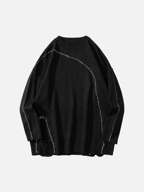 Bright Line Ripped Knitted Sweater - Anagoc