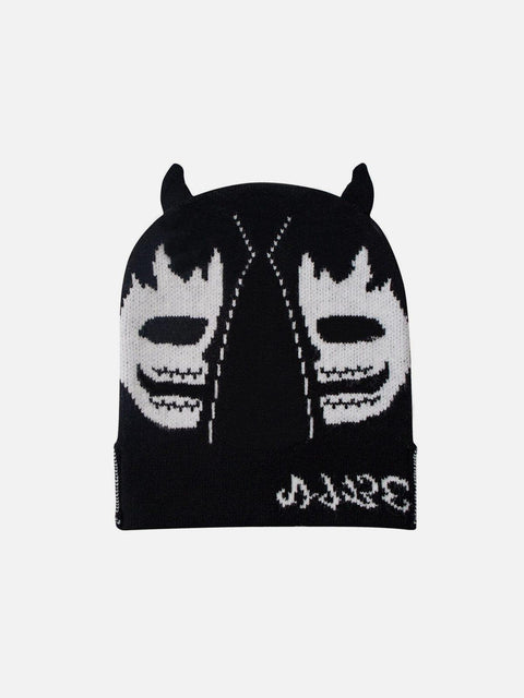 Dark Demon Head Print Wool Cap - Anagoc