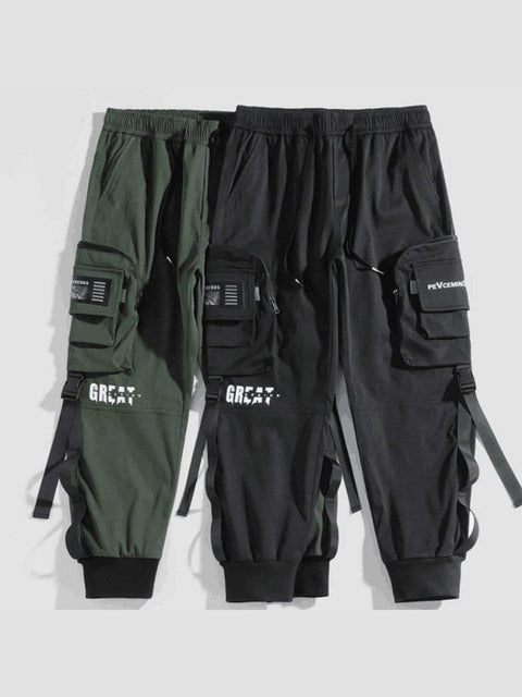Function Buttons Ribbons Zipper Pockets Cargo Pants - Anagoc