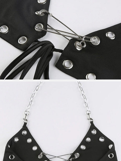 Metal Chain Lace Up Pin Vest - Anagoc