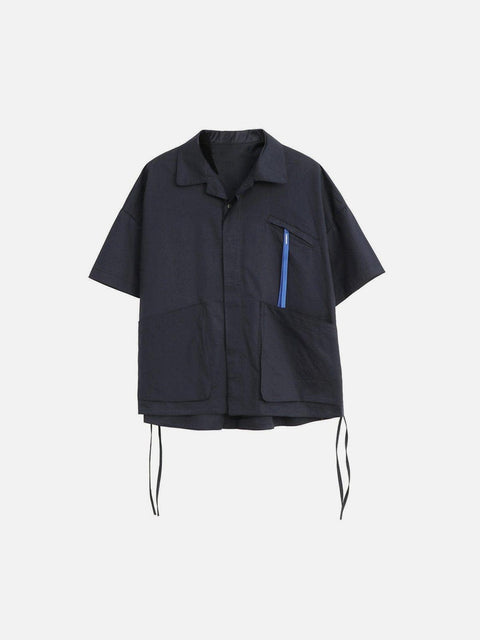 Big Pocket Ribbon Function Short Sleeve Shirt - Anagoc