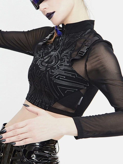 Mechanical Print Buckle Long Sleeve T Shirt - Anagoc