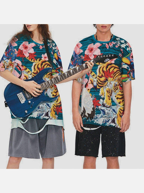 Cherry Blossoms Tiger Crane Print Tee - Anagoc