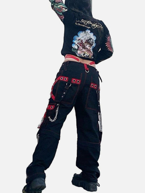 Patchwark Ribbons Chain Pants - Anagoc