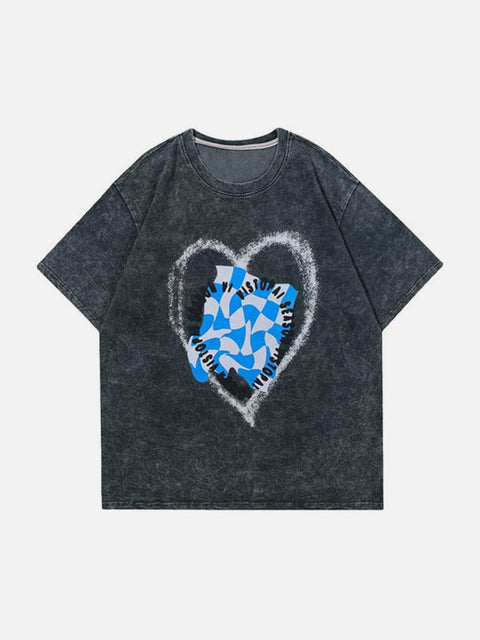 Heart Checkerboard Washed Graphic Tee - Anagoc