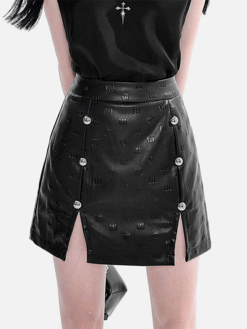 Punk Sanskrit Embossed Slit PU Skirt - Anagoc