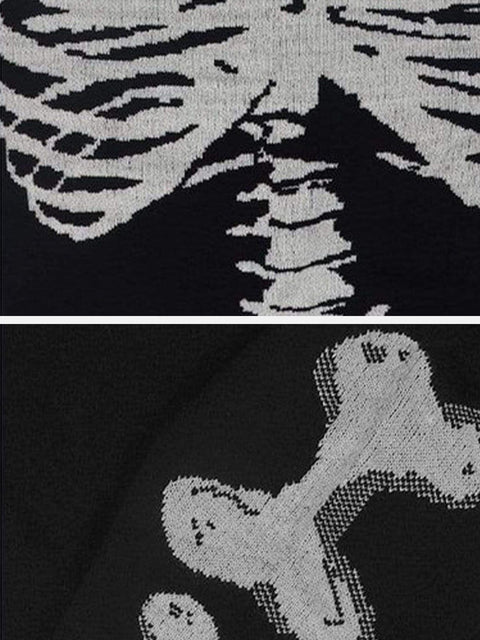 Dark Skeleton Print Knitted Sweater - Anagoc