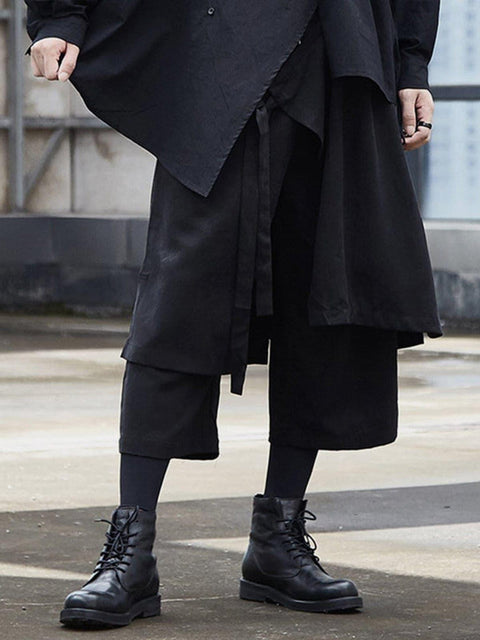 Dark Fake Two Bandage Cropped Culottes Pants - Anagoc