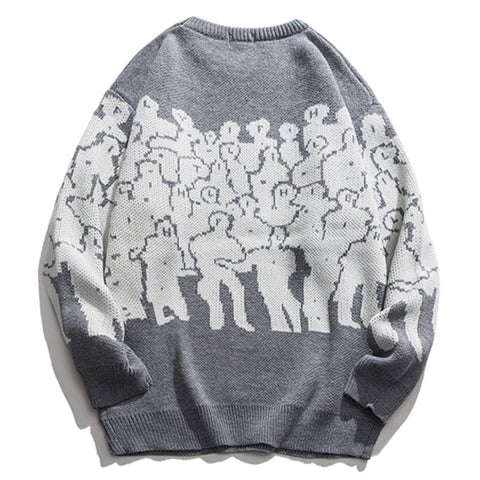 Crowd Print Knitted Sweater - Anagoc