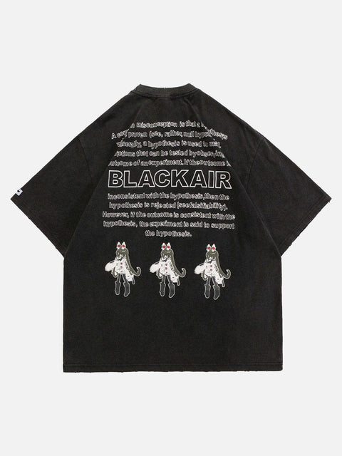 Japanese Cartoon Girl Washed Graphic Tee - Anagoc