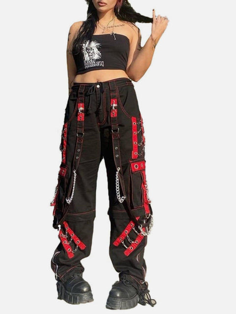 Patchwark Ribbons Chain Pants - Anagoc