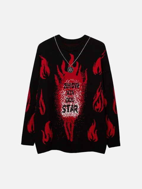Red Fire Flame with Chain Knitted Sweater - Anagoc