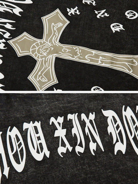 Cross Print Washed Graphic Tee - Anagoc