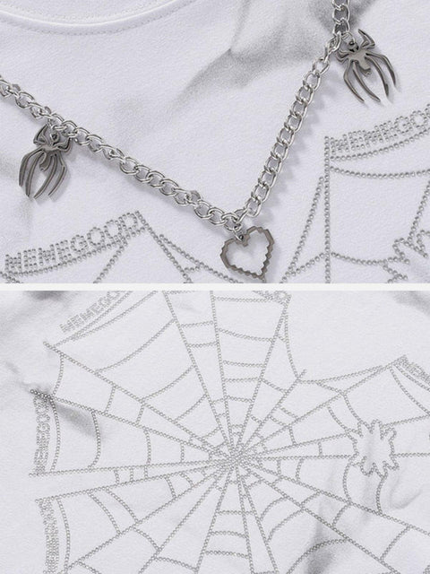 Tie Dye Spider Web Drill Chain Graphic Tee - Anagoc