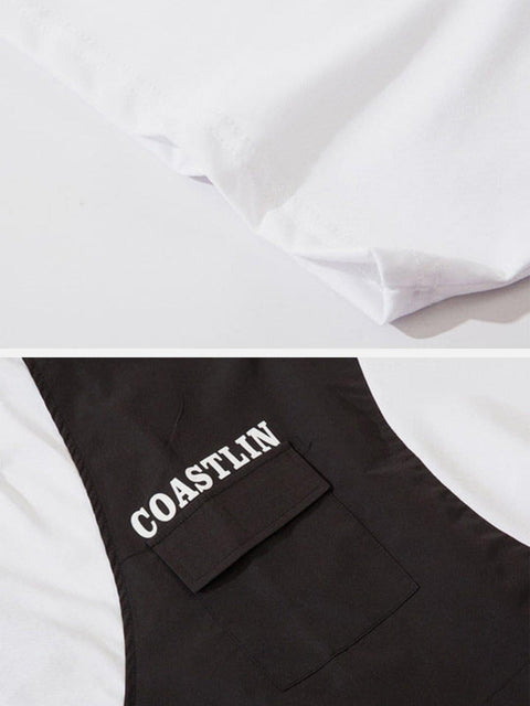 Contrasting Color Stitching Buckle Streamer Tee - Anagoc