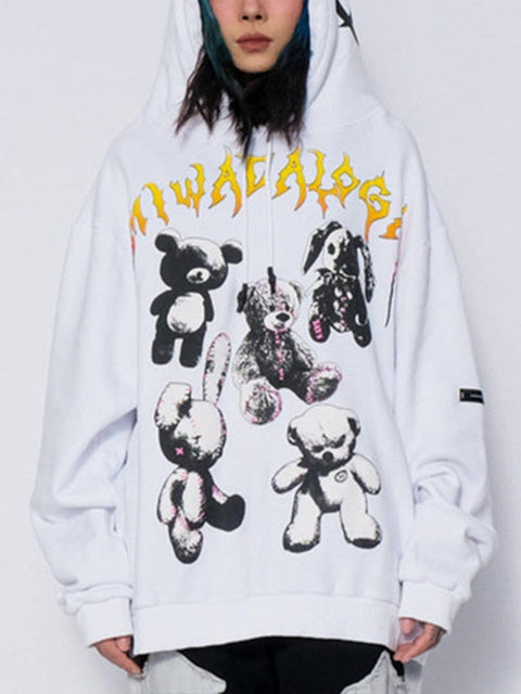 Bear Full Letters Oversized Washed Hoodie - Anagoc