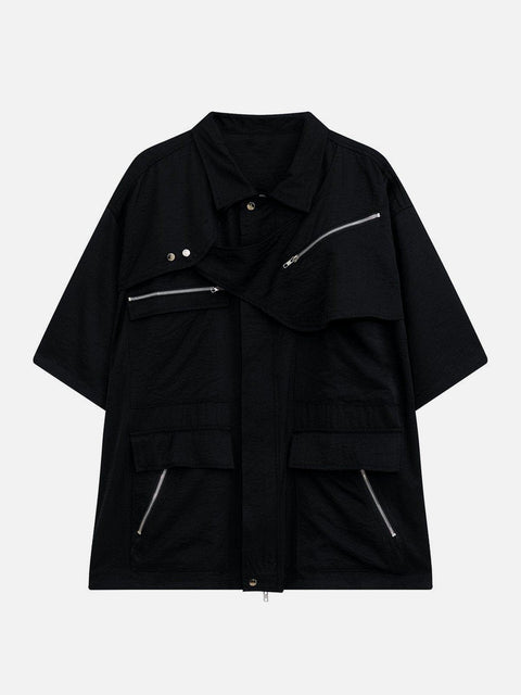Multi Pockets Zip Up Short Sleeve Shirt - Anagoc