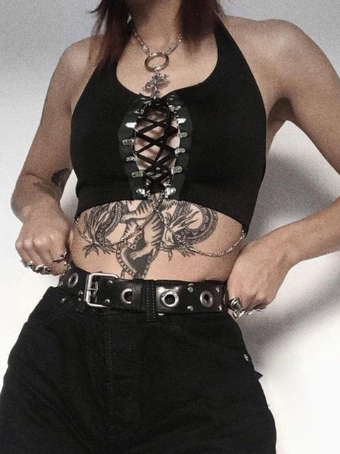 Dark Cross Strap Hollow Chain Halter Sexy Vest - Anagoc