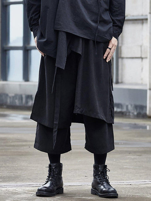 Dark Fake Two Bandage Cropped Culottes Pants - Anagoc