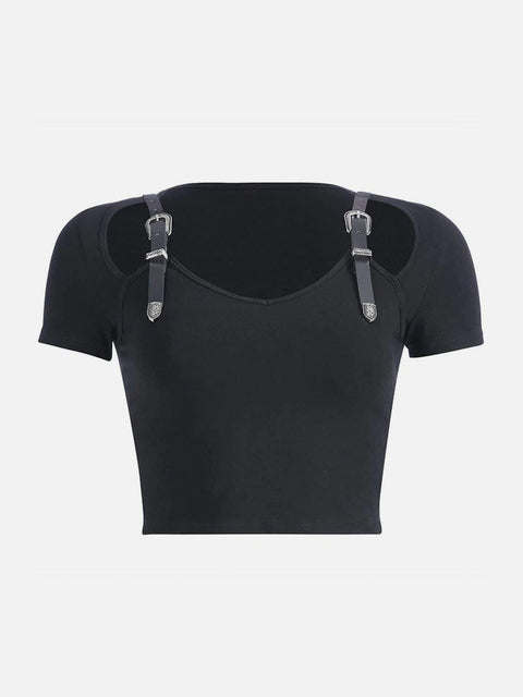 Slim Belt Shoulder Buckle Hollow Short Sleeve T-shirt - Anagoc