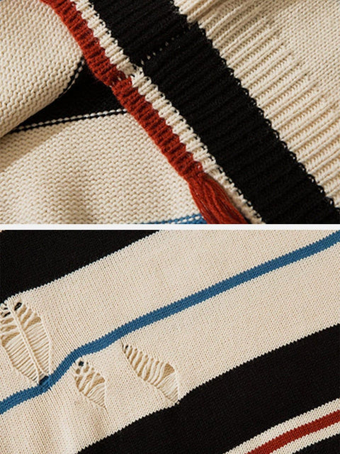 Ripped Hole Stripe Knit Sweater - Anagoc