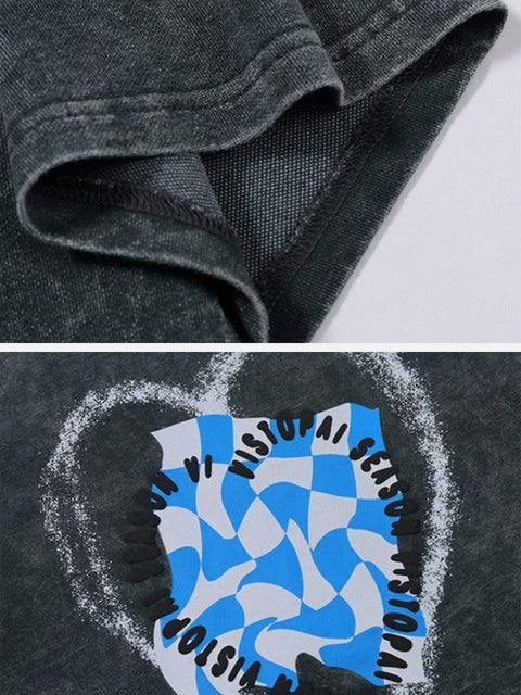 Heart Checkerboard Washed Graphic Tee - Anagoc