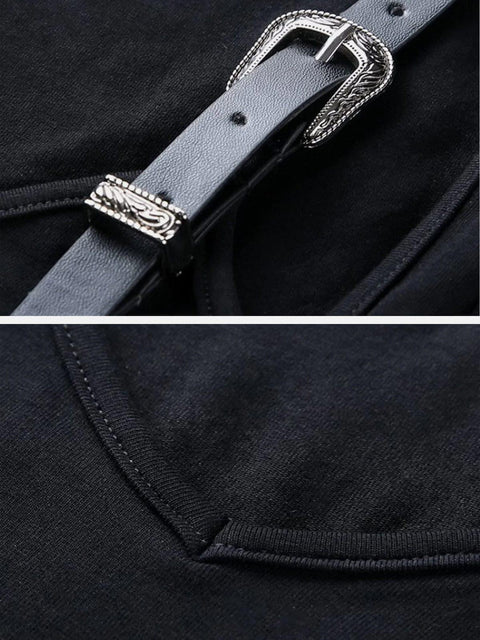 Slim Belt Shoulder Buckle Hollow Short Sleeve T-shirt - Anagoc