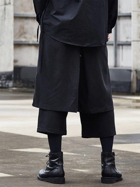 Dark Fake Two Bandage Cropped Culottes Pants - Anagoc