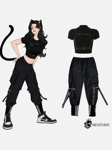 Techwear Slim Ribbons Short Sleeve T-shirt - Anagoc